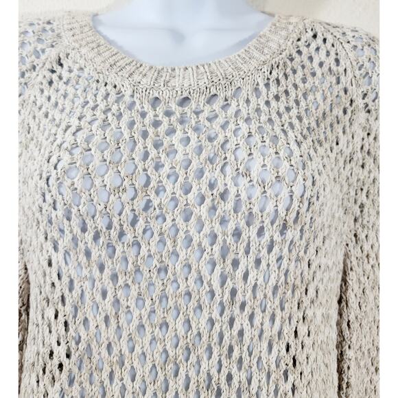 Gap Beige Tan Crew Neck Open Knit Chunky Sweater Top Large Long Sleeves Soft - Picture 2 of 6